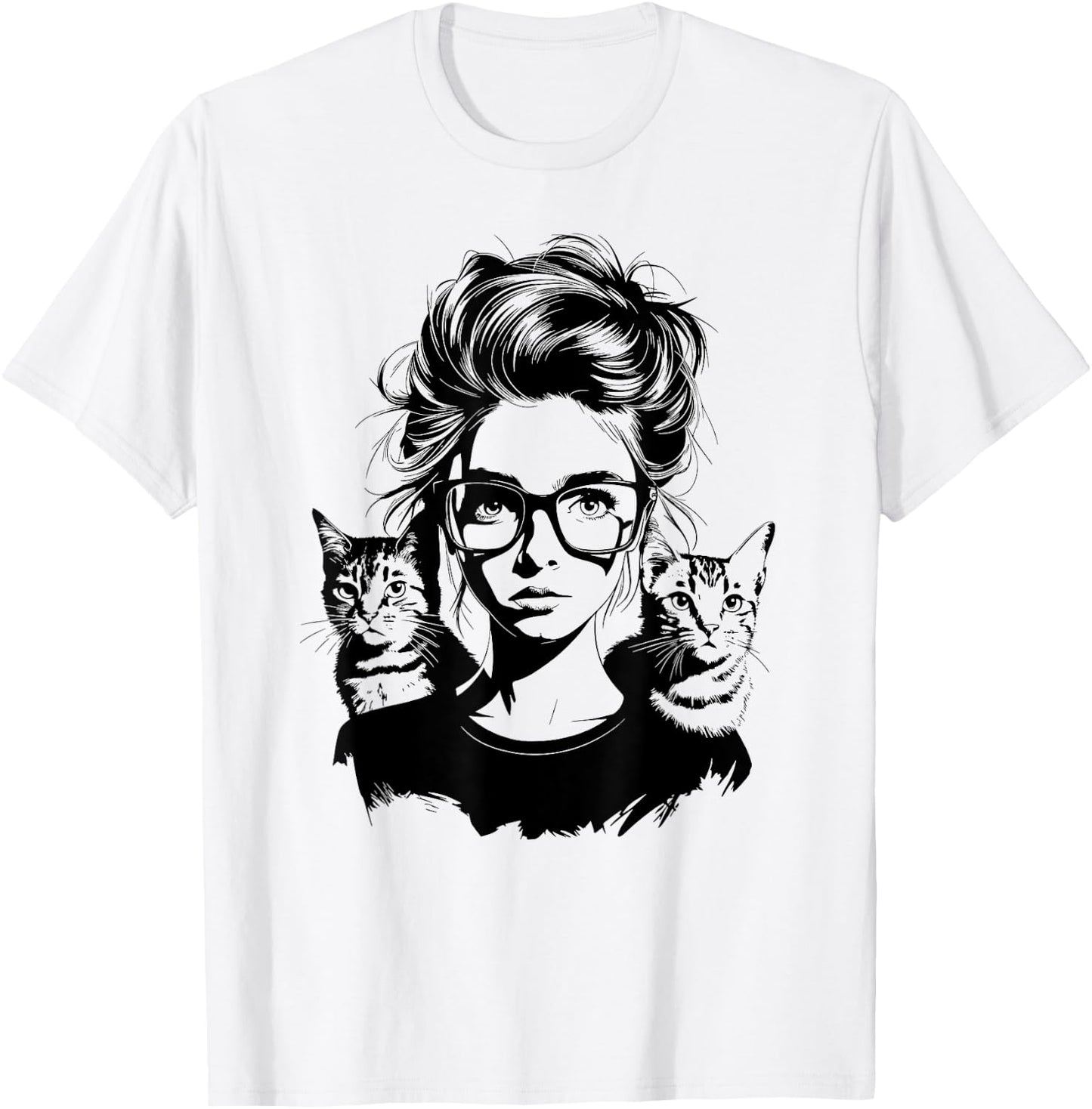 Cute Cat Silhouette Woman Girl with Two Cats T-Shirt - T-Shirt | White