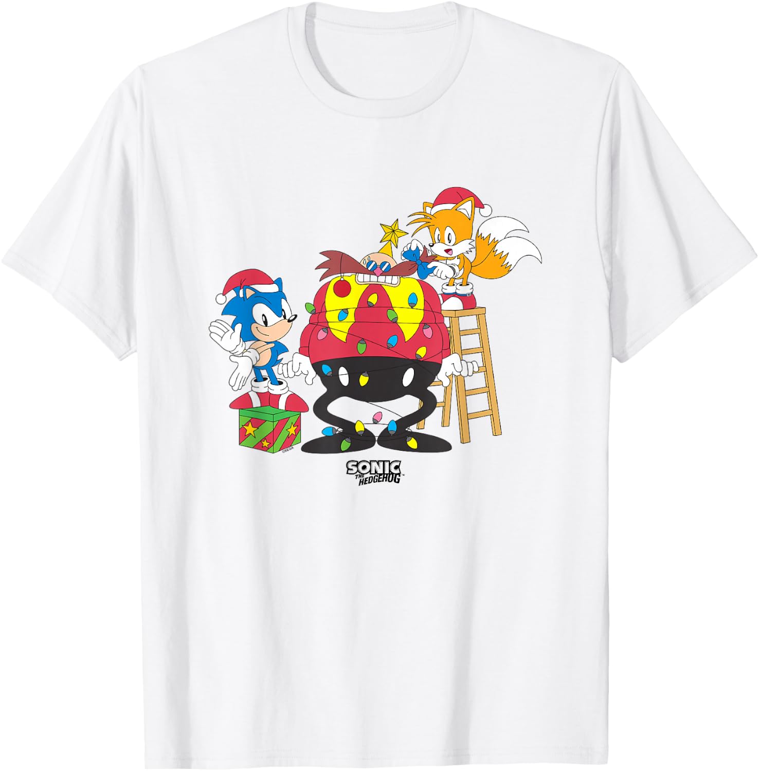 Sonic The Hedgehog Christmas Sonic & Tails Wrapping Robotnik T-Shirt - T-Shirt | White