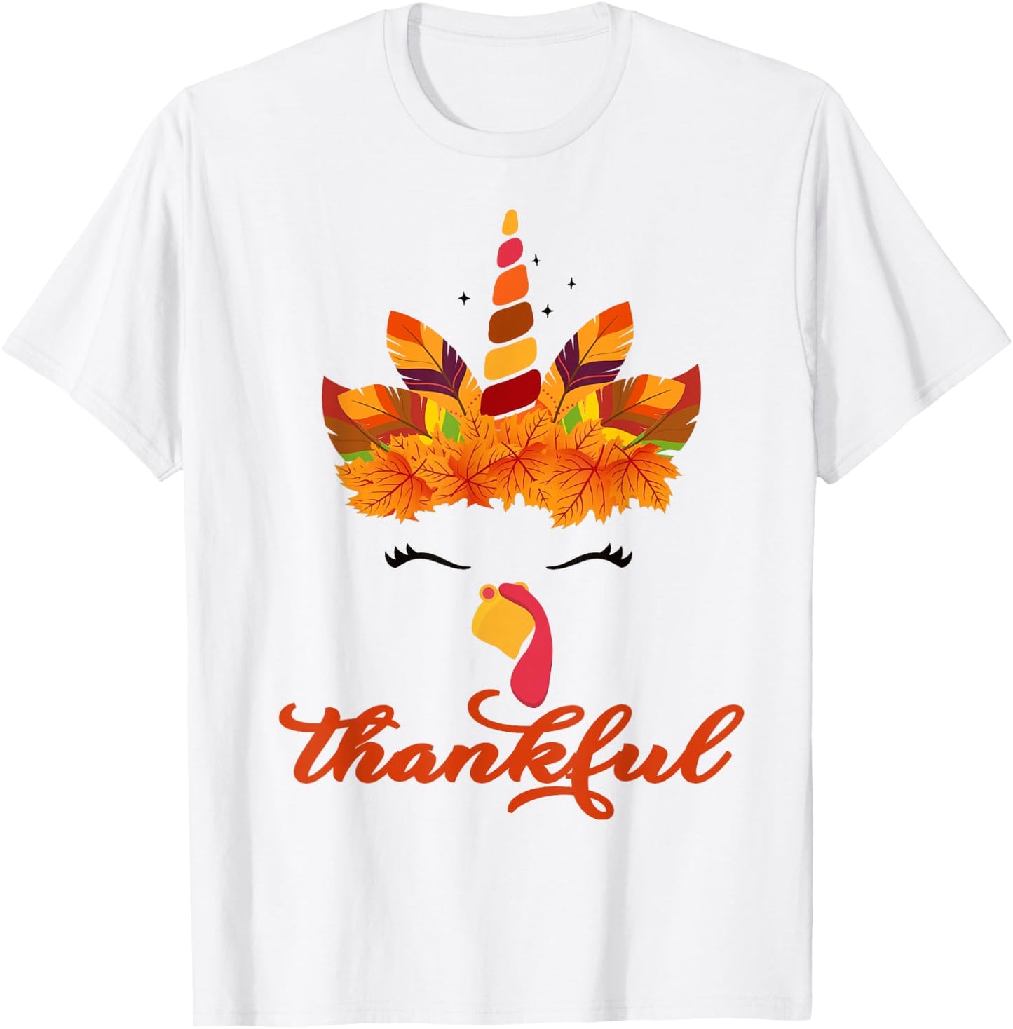 Thankful Unicorn Turkey Face Thanksgiving Outfit Girl Kids T-Shirt - T-Shirt | White
