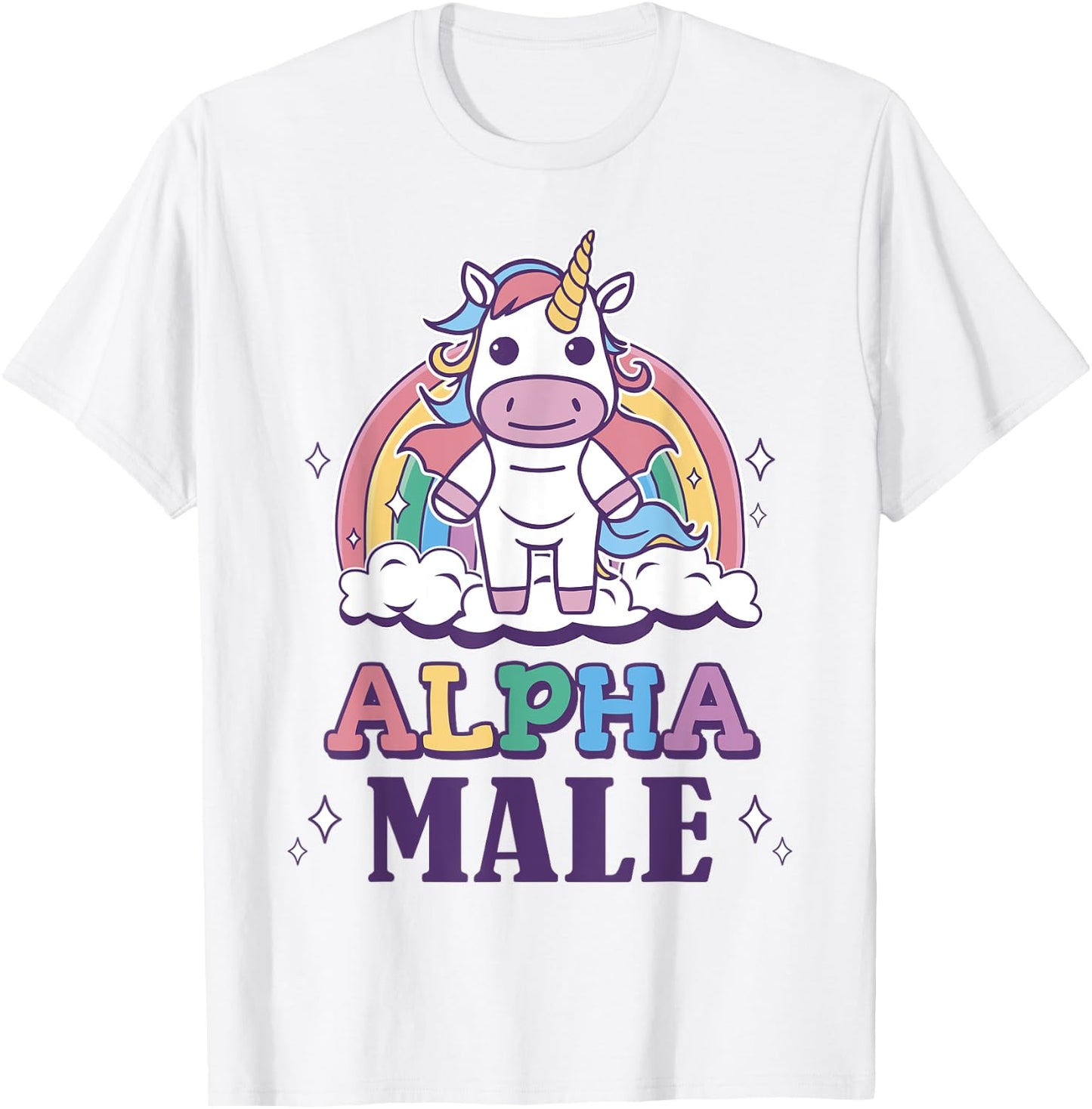 ALPHA MALE Ironic Unicorn Sarcasm Rainbow Funny Saying T-Shirt - T-Shirt | White