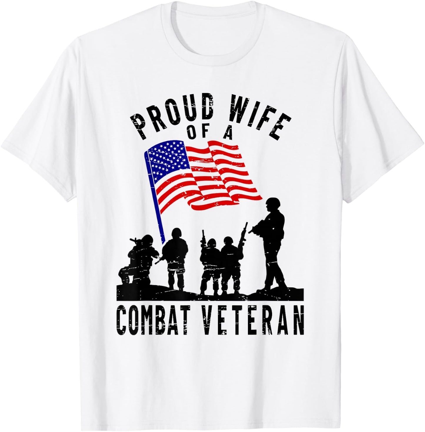Proud Wife of a Combat Veteran Retro US Flag Military Family T-Shirt - T-Shirt | White