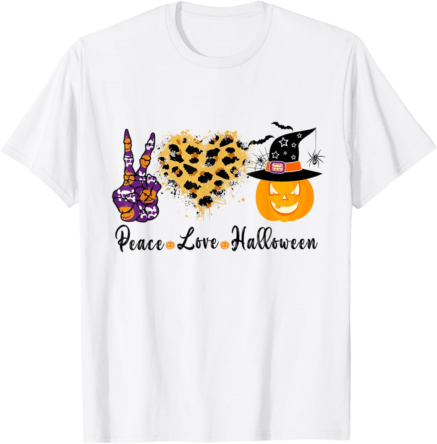 Peace Love Halloween Leopard Heart Halloween Pumpkin T-Shirt - T-Shirt | White