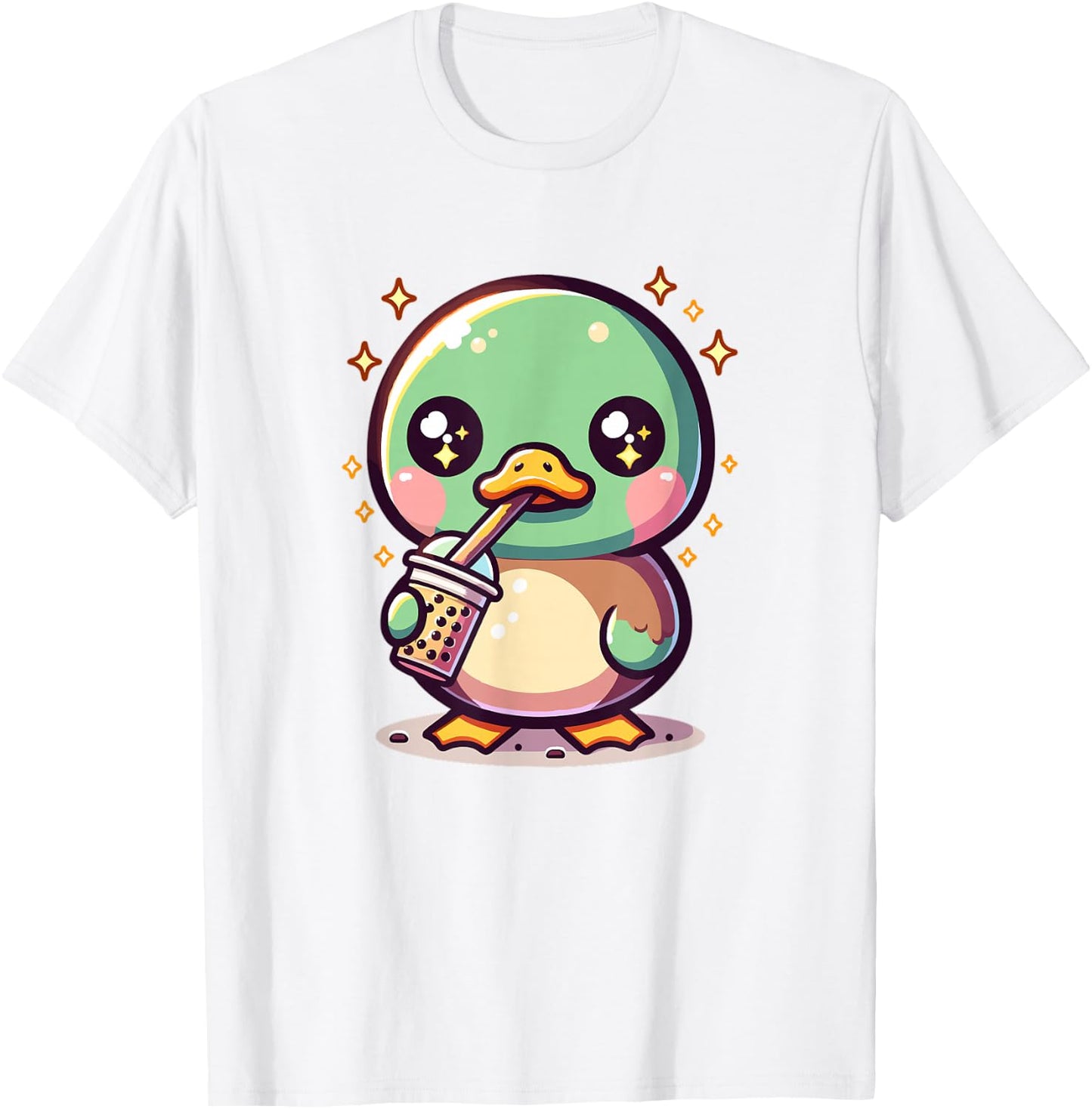 Cute Japanese Kawaii Chibi Mallard Duck Drinking Boba Tea T-Shirt - T-Shirt | White