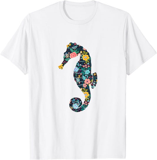 Floral Seahorse Silhouette Girls Graphic T-Shirt - T-Shirt | White
