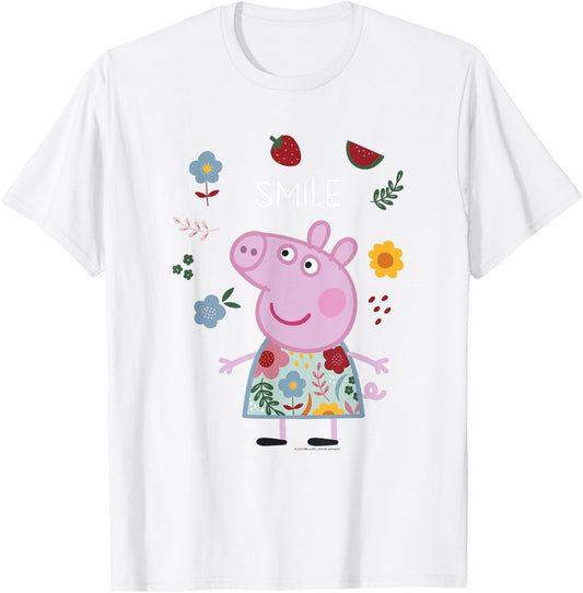Peppa Pig Smile Cute Flowers & Fruit Full Body Portrait T-Shirt - T-Shirt | White