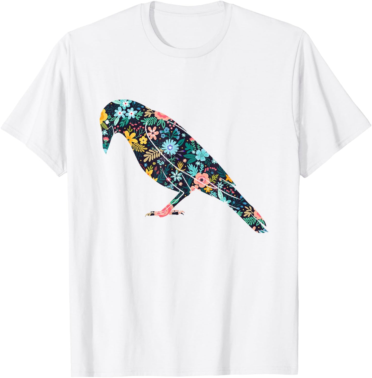 Floral Crow Silhouette Girls Graphic Raven T-Shirt - T-Shirt | White