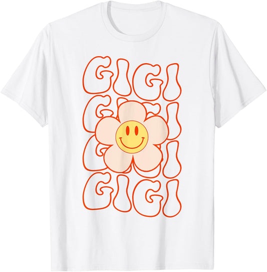 Retro Groovy Gigi Happy Face Smile Cute Daisy Flower Grandma T-Shirt - T-Shirt | White
