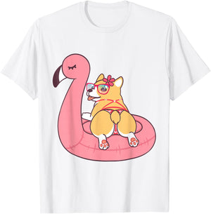 Corgi Butt Dog Bikini Pink Flamingo Float Funny Gift T Shirt T-Shirt - T-Shirt | White