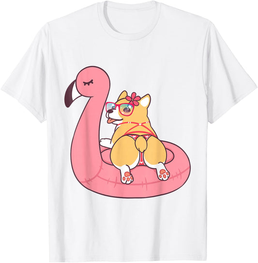 Corgi Butt Dog Bikini Pink Flamingo Float Funny Gift T Shirt T-Shirt - T-Shirt | White