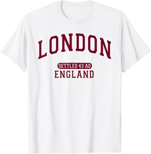 London England Settled 43 AD Vintage Sports Burgundy T-Shirt - T-Shirt | White