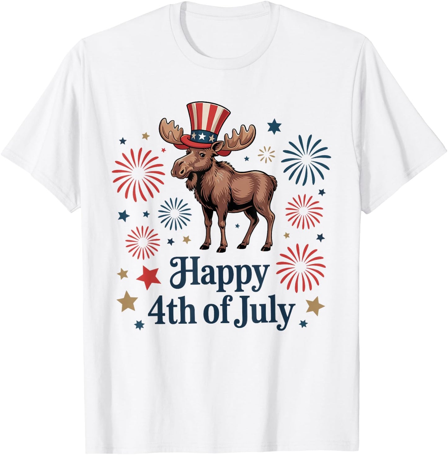 Happy 4th of July Patriotic Moose Animals Lovers Fireworks T-Shirt - T-Shirt | White