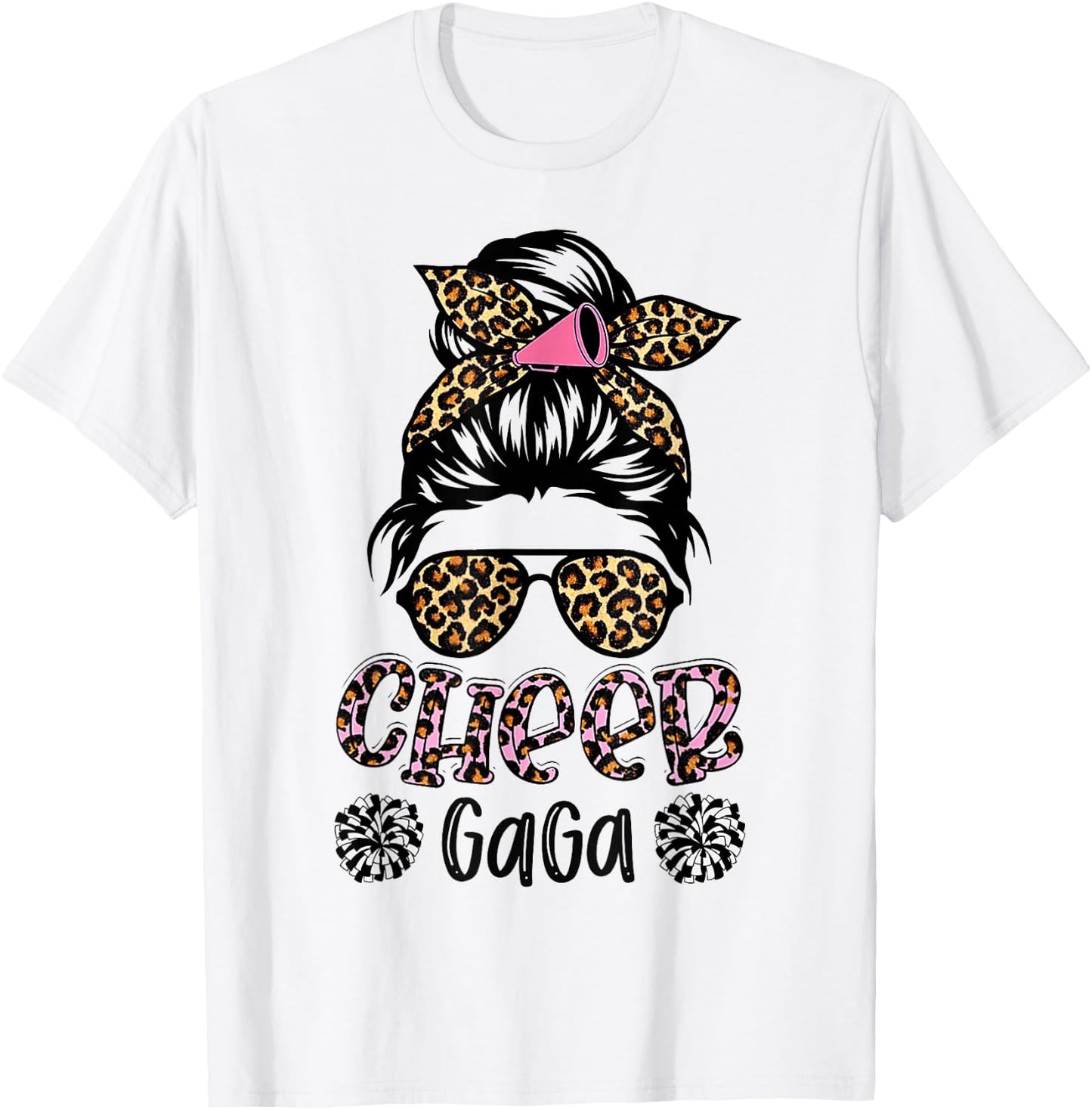 Cheer Gaga Leopard Messy Bun Cheerleader Mother's Day T-Shirt - T-Shirt | White