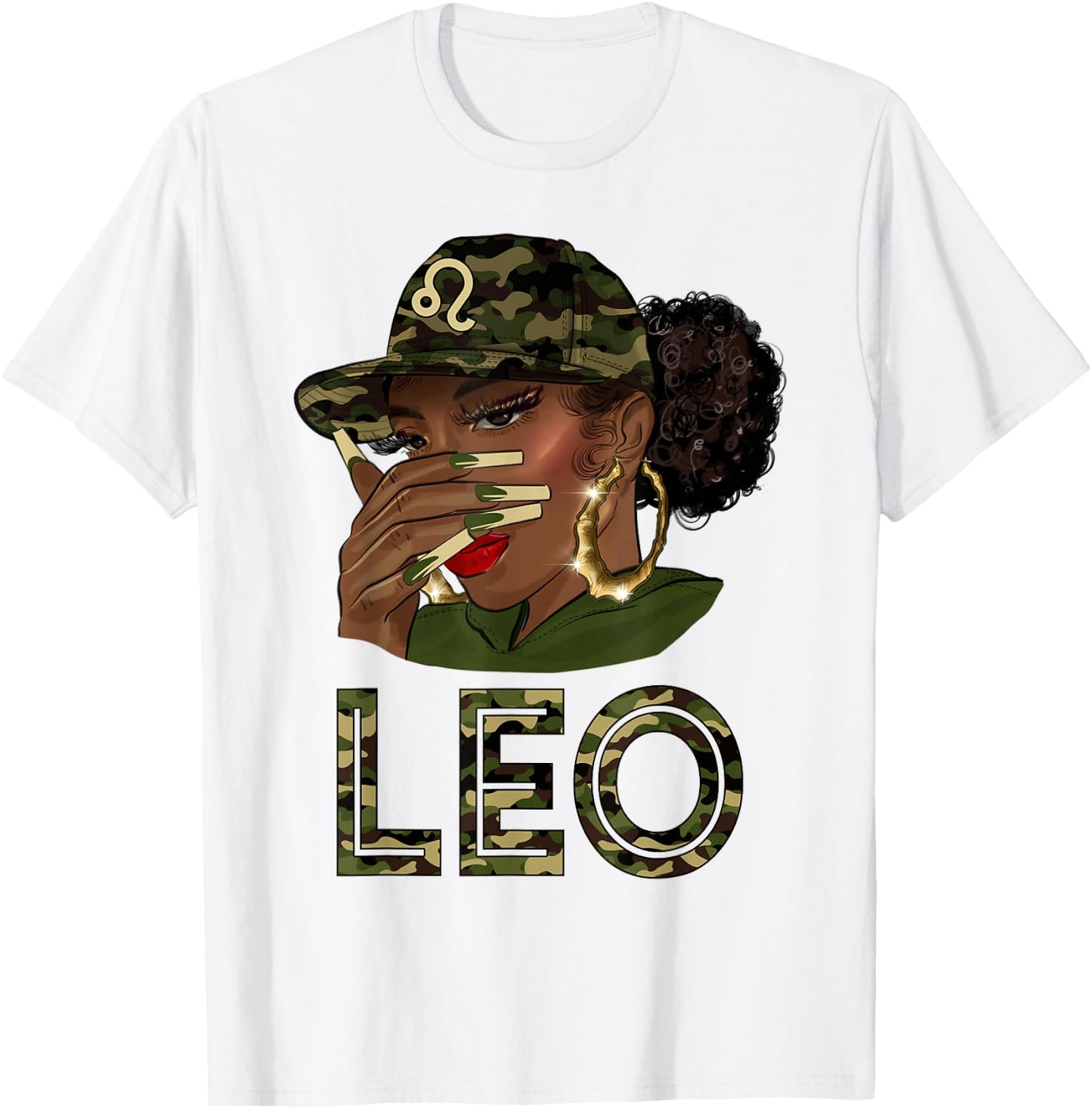 Leo Queen Black Girl With Cap Camo Afro Woman Zodiac T-Shirt - T-Shirt | White