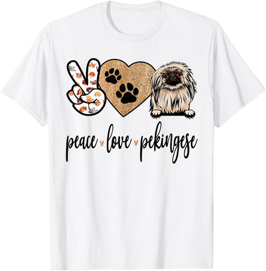 Funny Peace Love Pekingese Dog Lover T-Shirt - T-Shirt | White