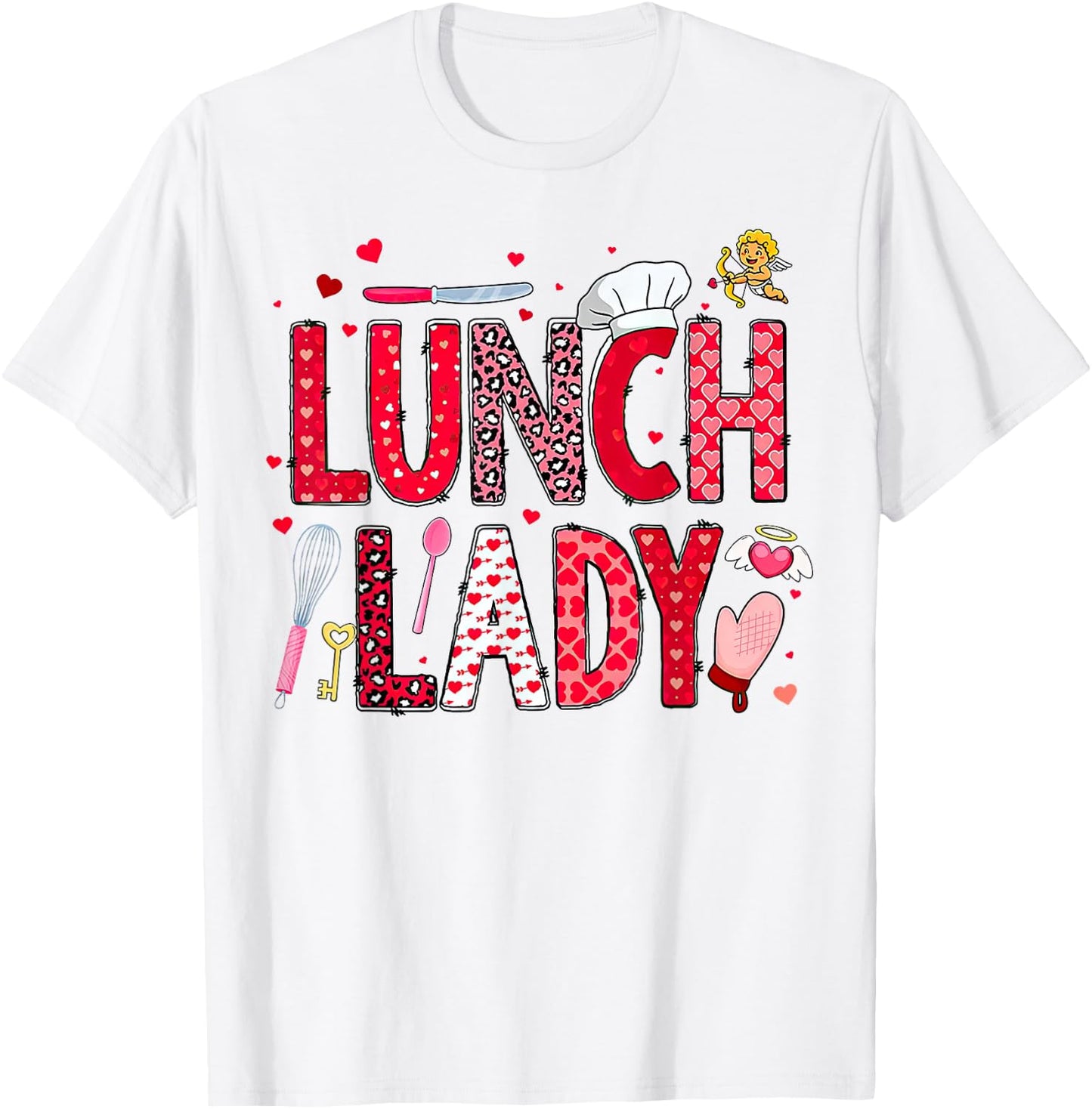 Lunch Lady Leopard Heart Valentine's Day Cafeteria Crew T-Shirt - T-Shirt | White