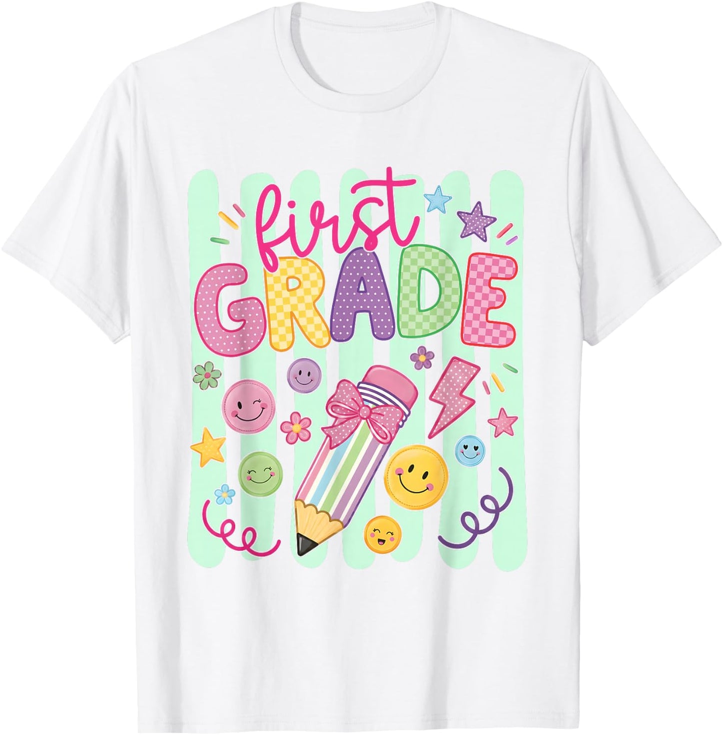 Preppy First Grade Back to School Pencil Student Teacher Kid T-Shirt - T-Shirt | White