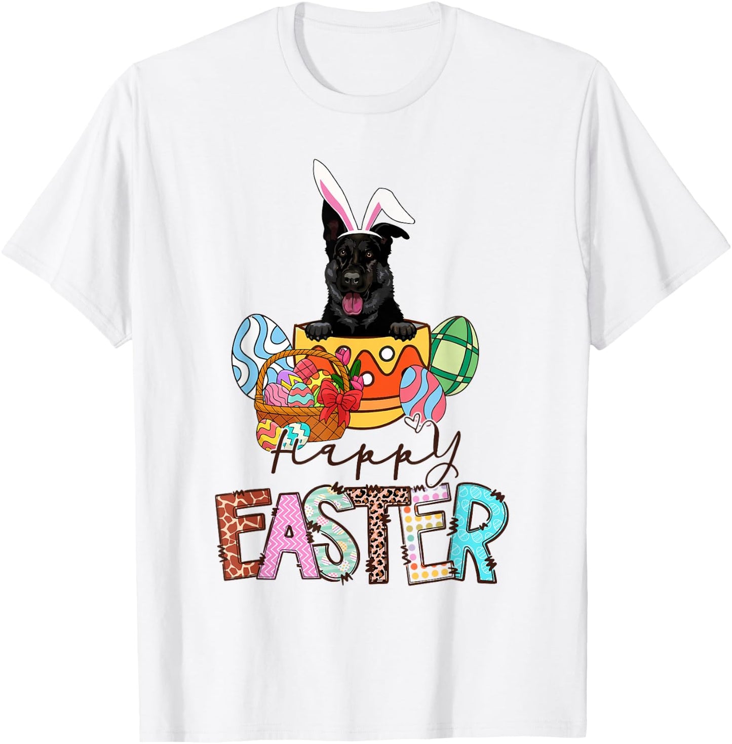 Happy Easter Peeking Black German Shepherd Bunny Ear Dog T-Shirt - T-Shirt | White