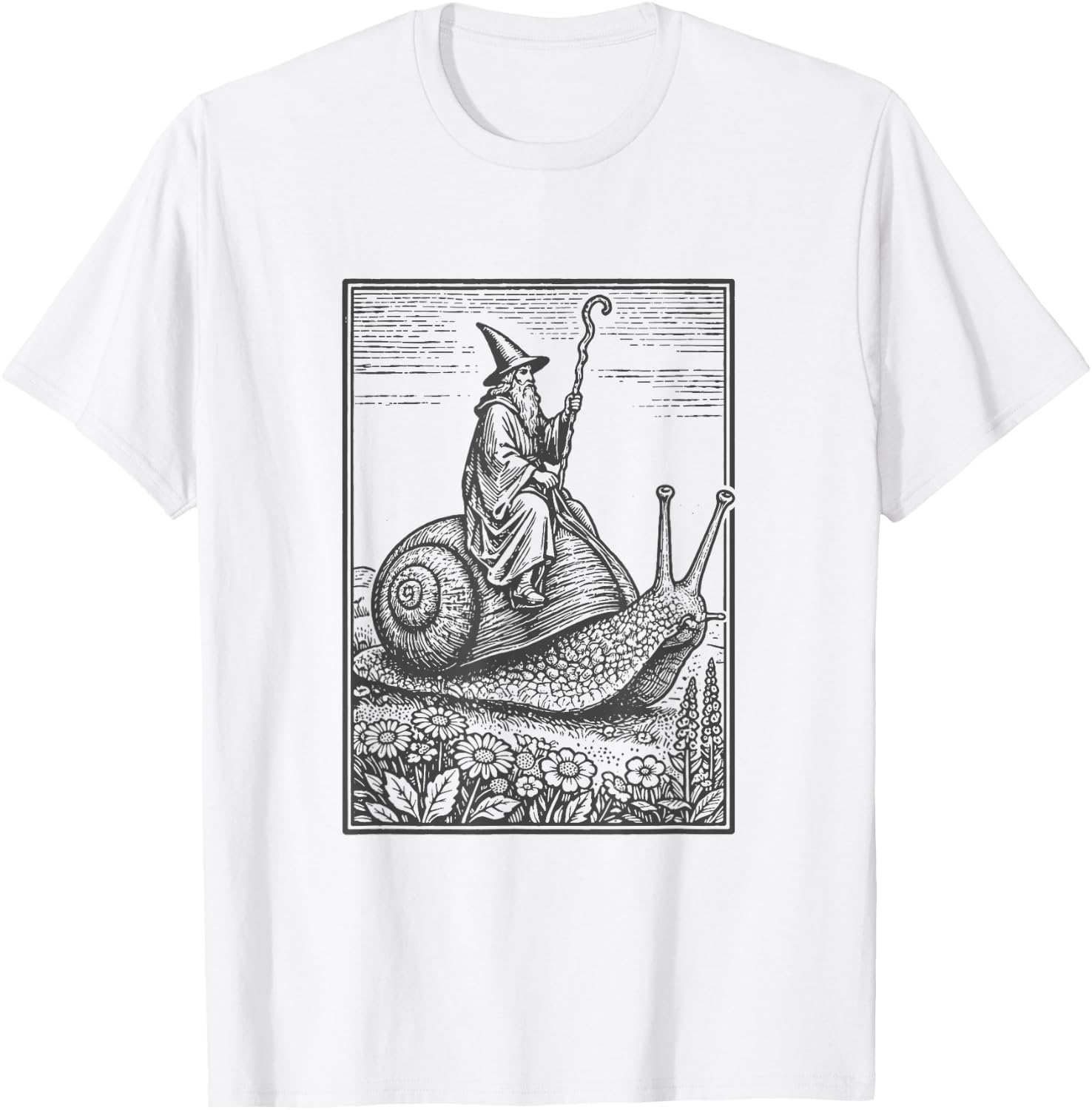 Zauberer, Magier, reitet auf Einer großen Schnecke, lustig T-Shirt - T-Shirt | White