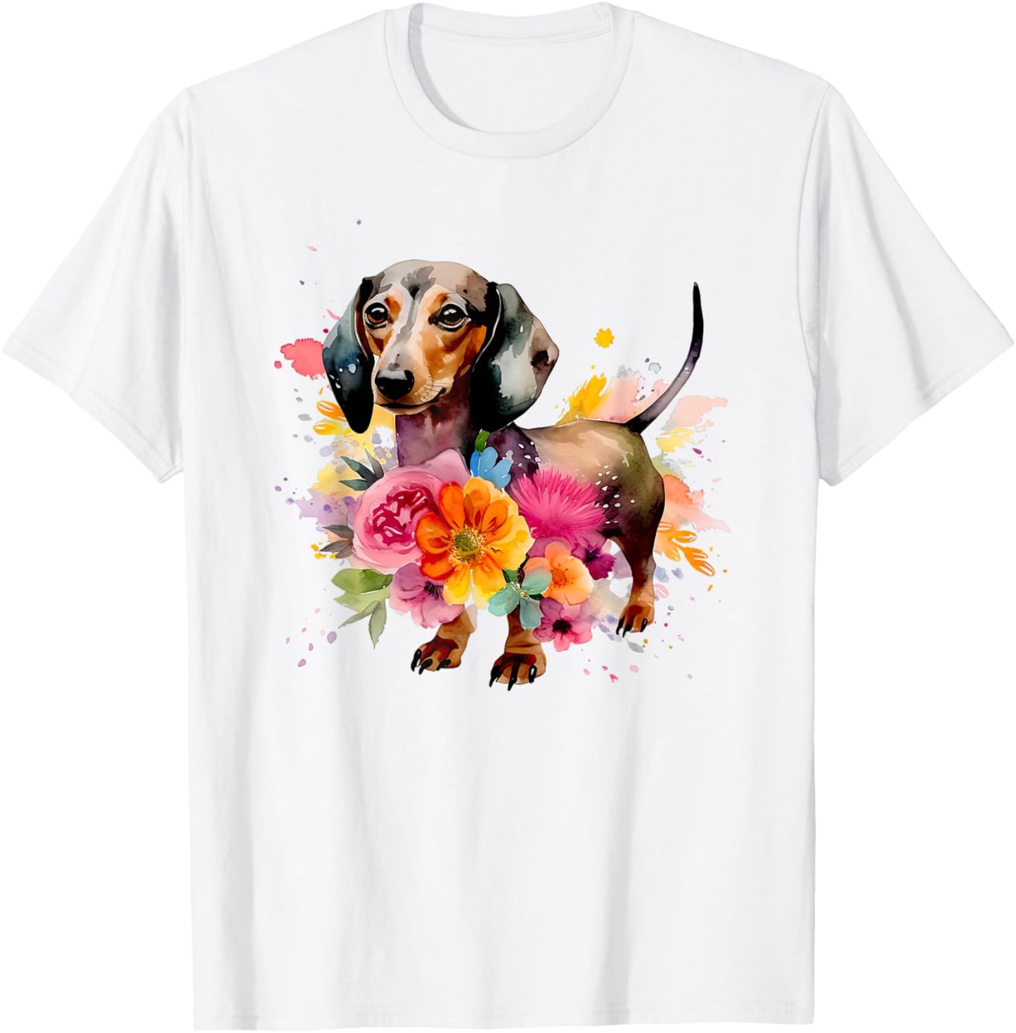 Dachshund Watercolour Art Dog Breed Woman Children Flowers , White T-Shirt - T-Shirt | White