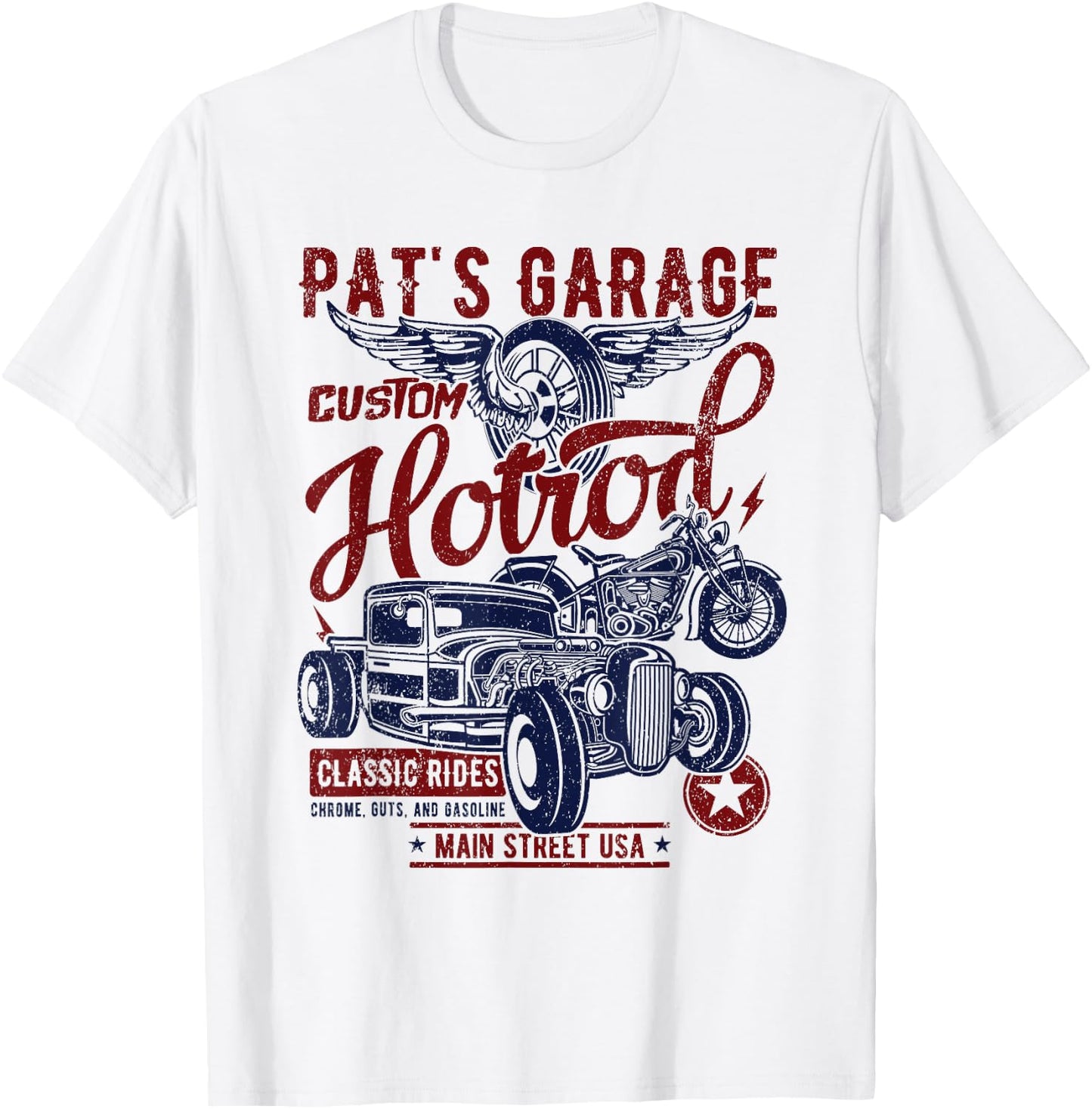 Pat's Garage Hotrod Classic Rides Distressed Design T-Shirt - T-Shirt | White