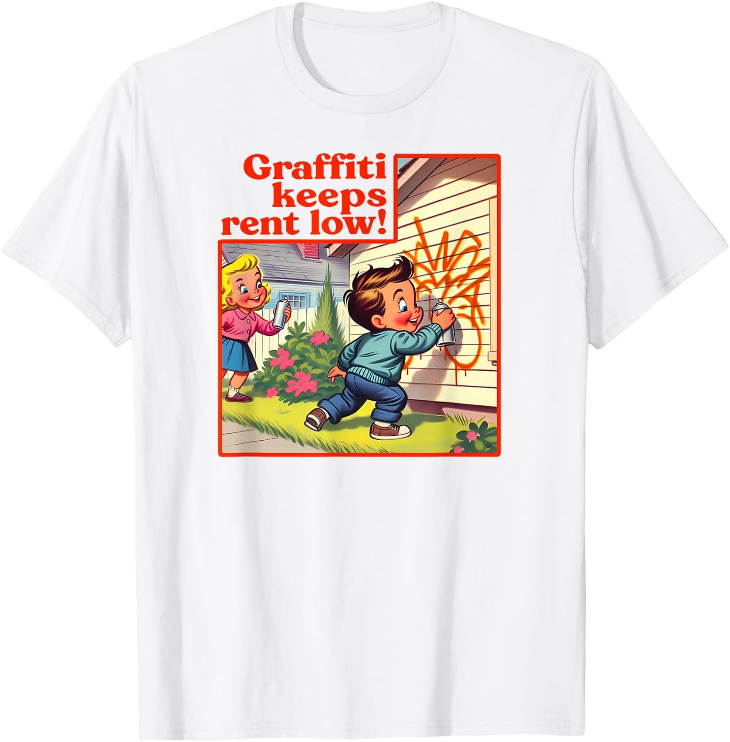 Graffiti Keeps Rent Low Retro Tag Graffiti Street Art , white, S T-Shirt - T-Shirt | White