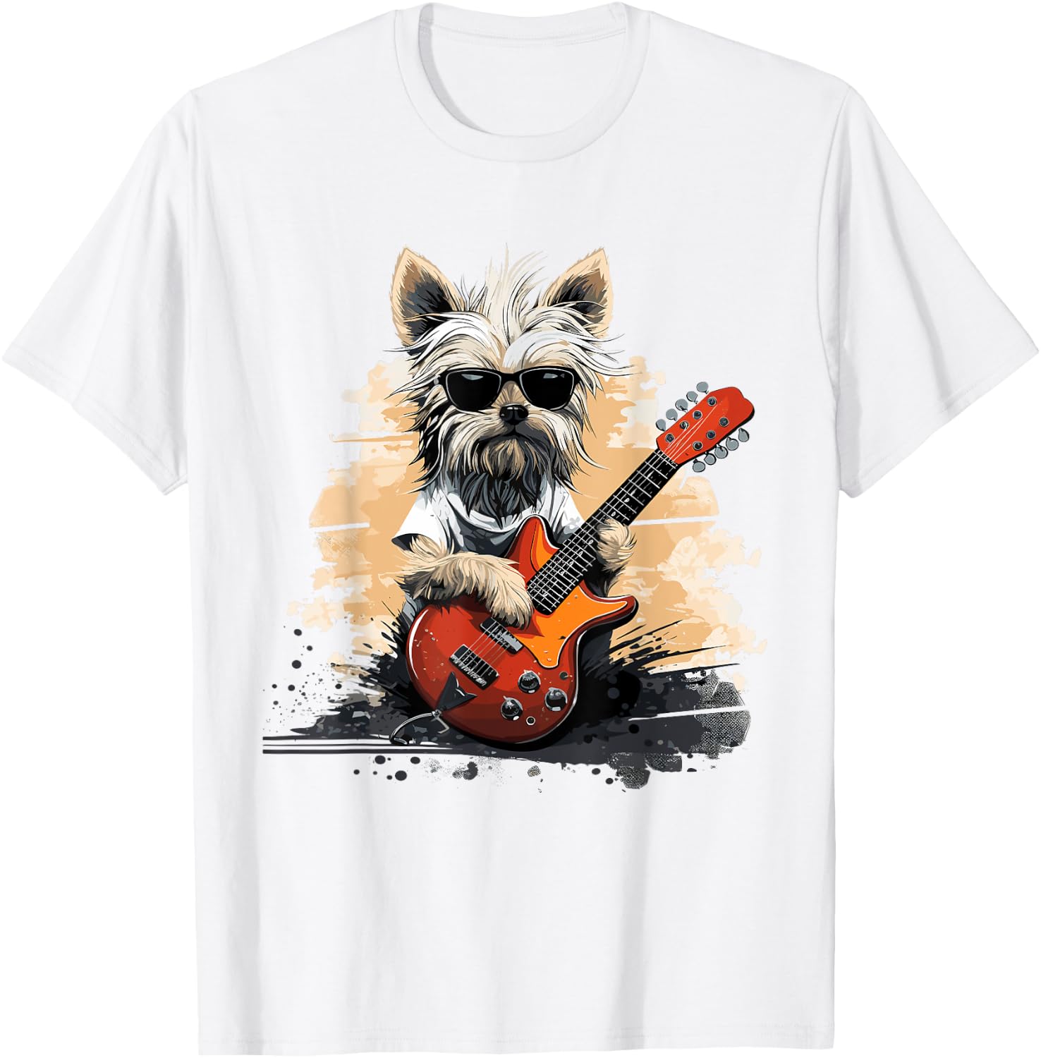 Cool Yorkshire Terrier Playing Guitar Print Art Yorkie Lover T-Shirt - T-Shirt | White