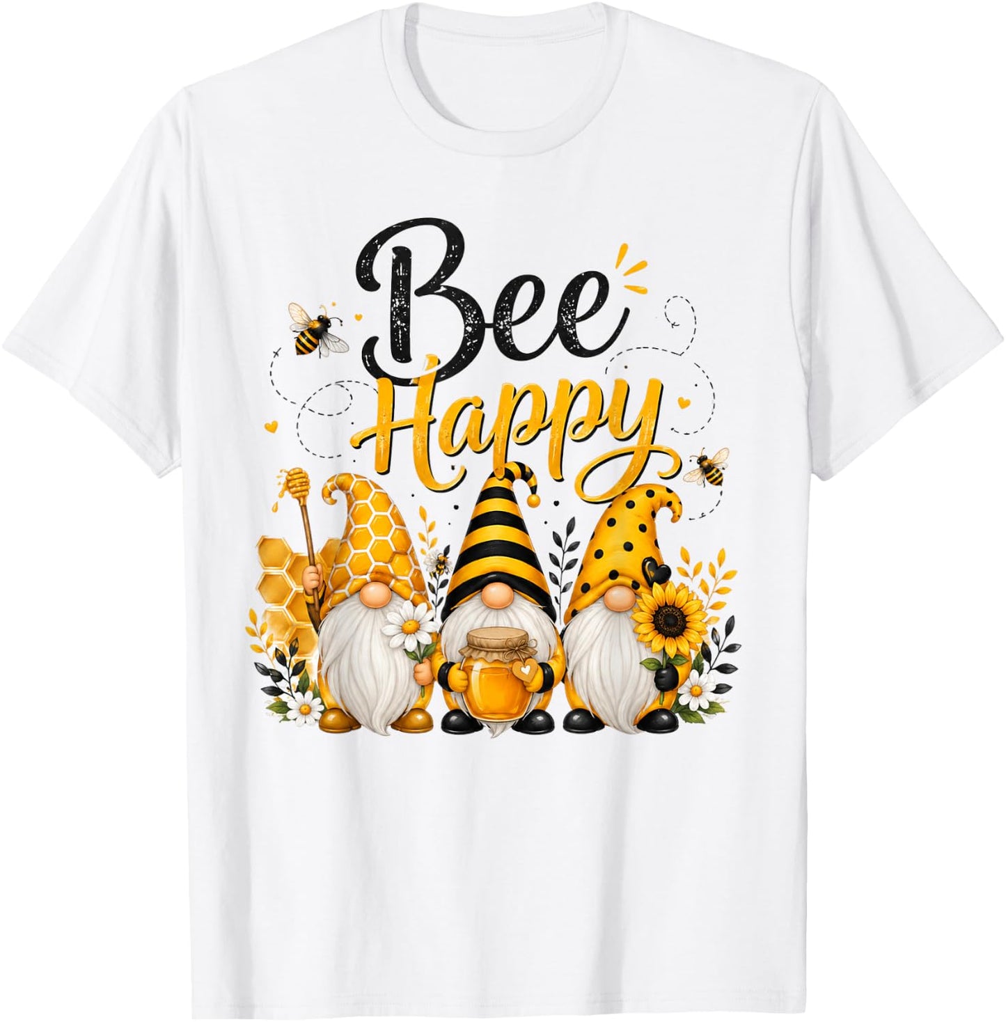 Bee Happy Gnomes with Honey Bees Cute Beekeeping Design T-Shirt - T-Shirt | White