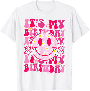 Groovy It's My Birthday Women Teens Girls Preppy Smile Face T-Shirt - T-Shirt | White