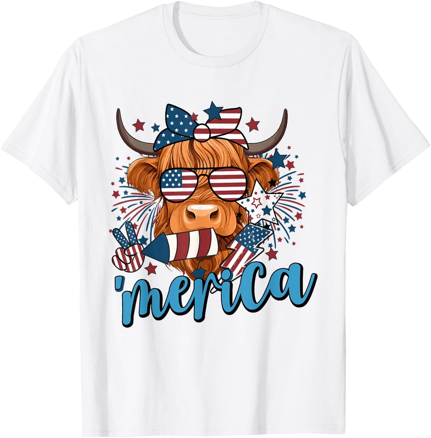 Highland Cow 4th Of July Cow Men Funny Cow T-Shirt - T-Shirt | White