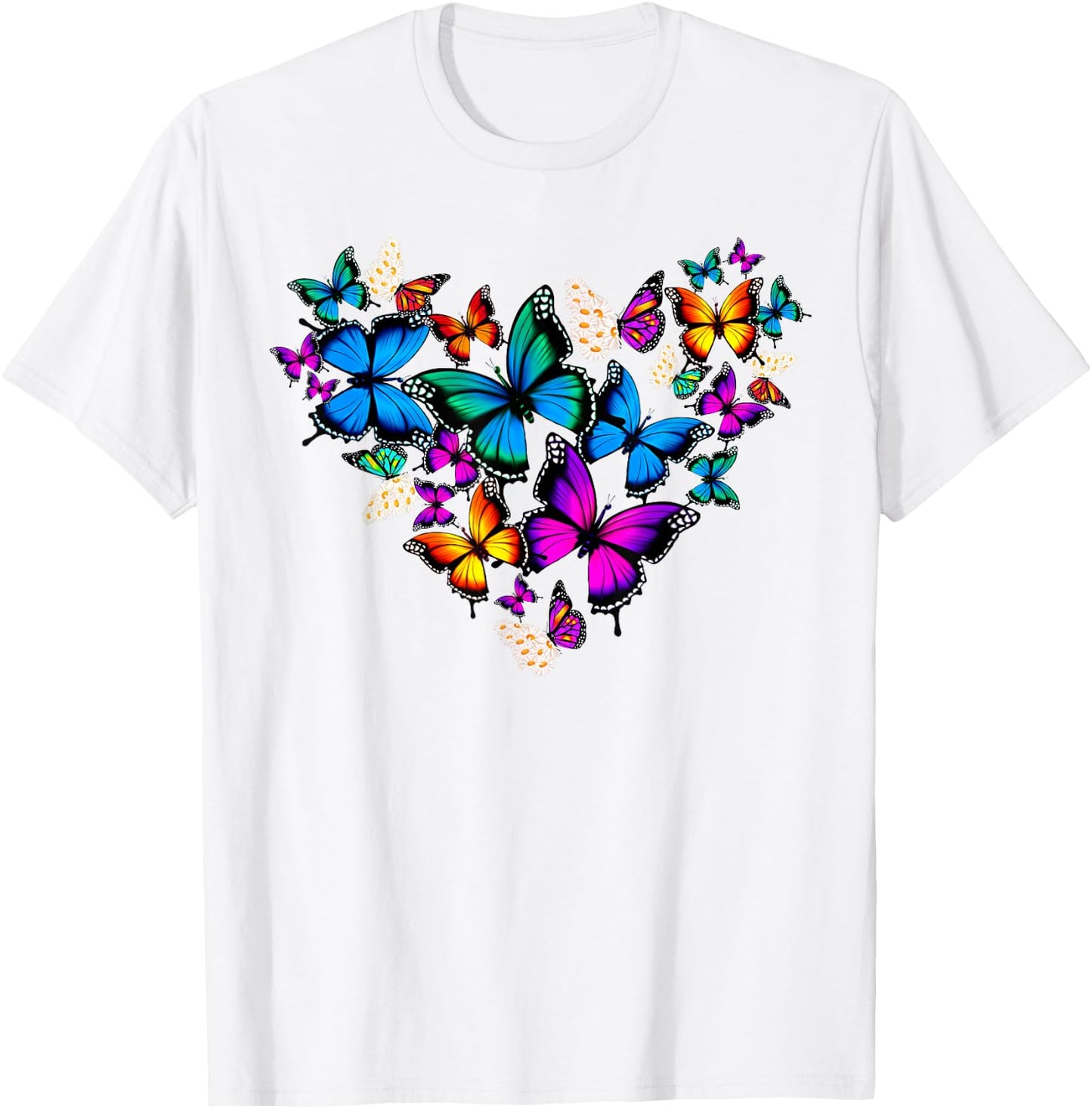 Woman Girls Butterflies Daisy Heart Colourful , White T-Shirt - T-Shirt | White