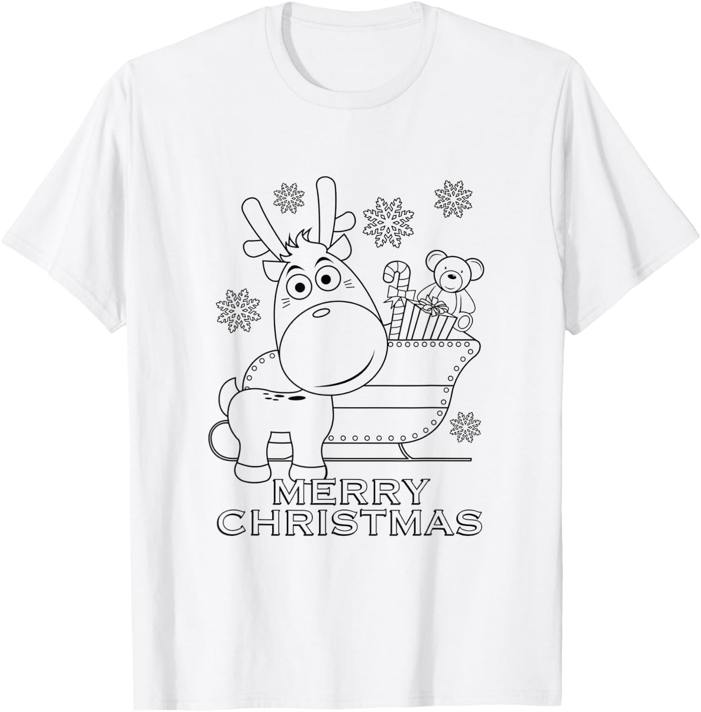 Coloring Book Style Blank Merry Christmas Tree Reindeer T-Shirt - T-Shirt | White