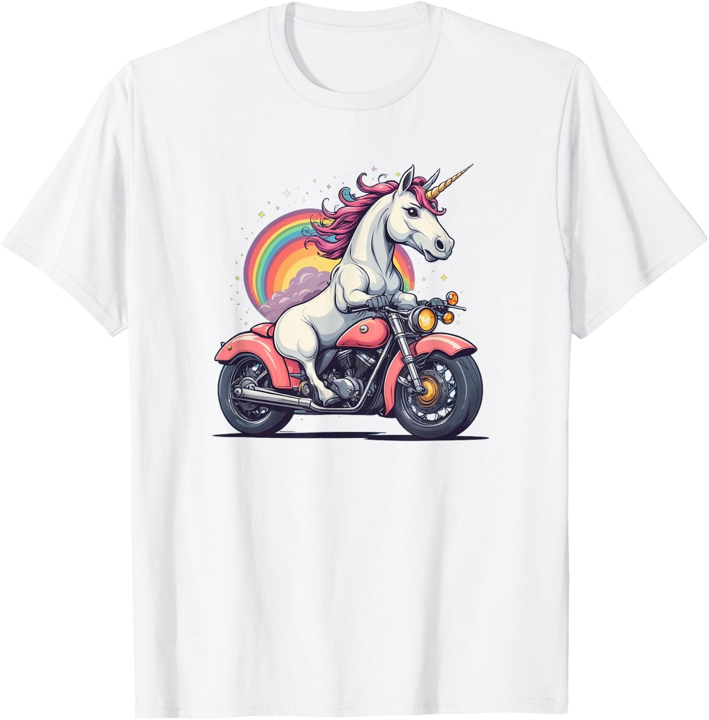 Unicorn Riding a Motorcycle Fantasy Style T-Shirt - T-Shirt | White