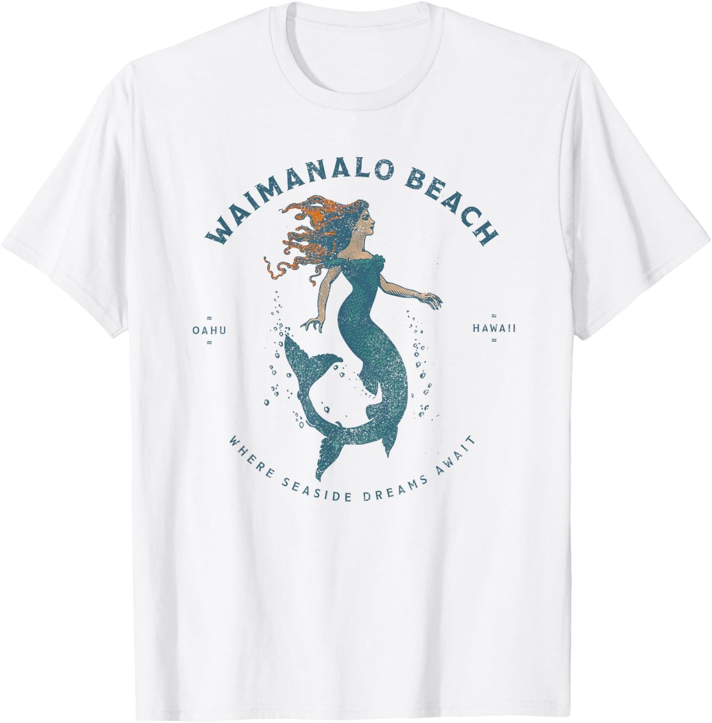 Waimanalo Beach Park Oahu Hawaii Retro Vintage Mermaid T-Shirt - T-Shirt | White