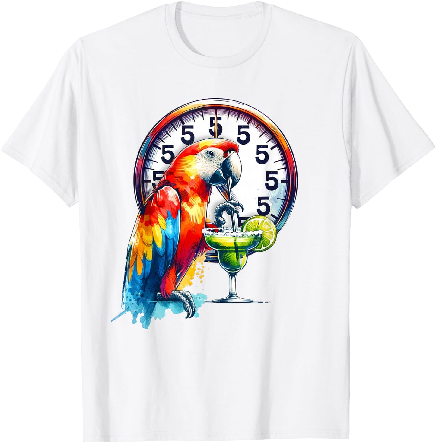 Always 5 O'clock Colorful Parrot Drinking Margarita T-Shirt - T-Shirt | White