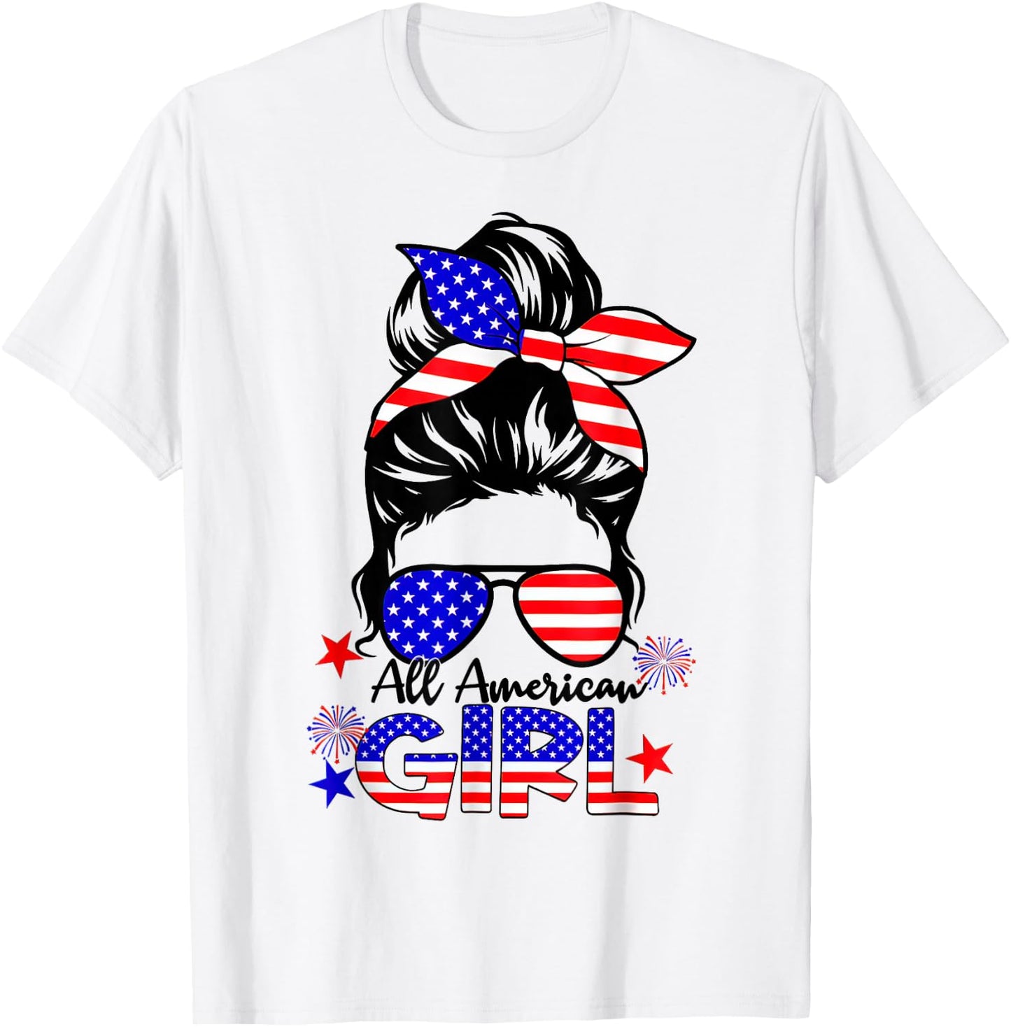 4th of July All American Girls Messy Bun T-Shirt - T-Shirt | White