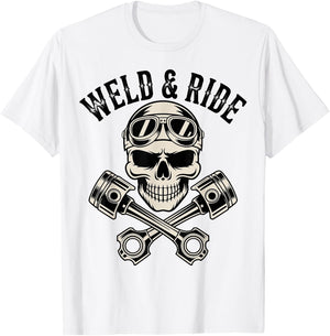 Skull with Goggles and Crossed Pistons Biker Artwork T-Shirt - T-Shirt | White