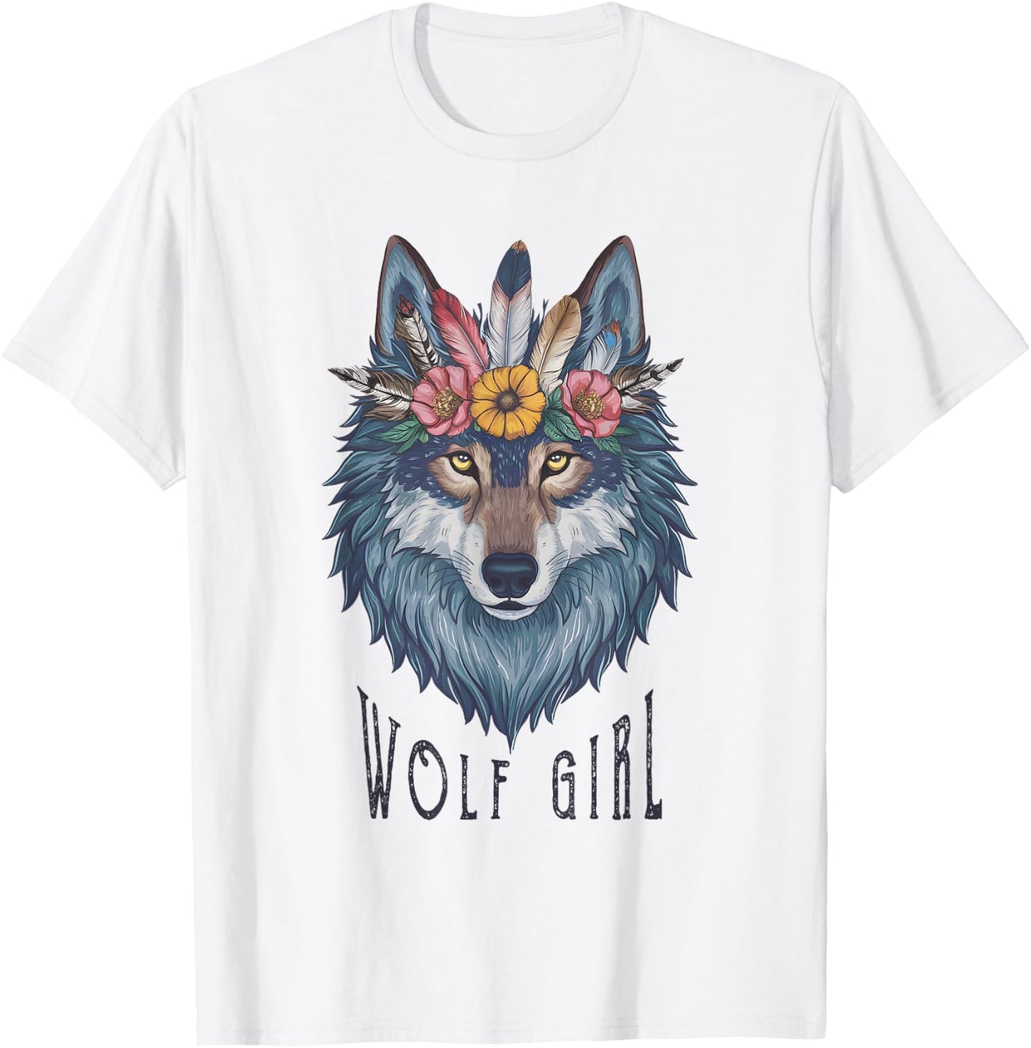 Wolf Girl Loves Wolves Kids Vintage Feathers Wolf Floral , white, S T-Shirt - T-Shirt | White