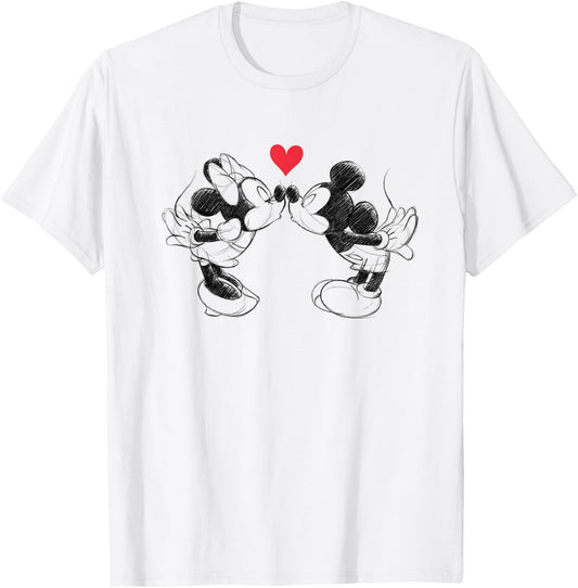 Disney Mickey Mouse and Minnie Sketch Kiss Valentine's Day , White T-Shirt - T-Shirt | White