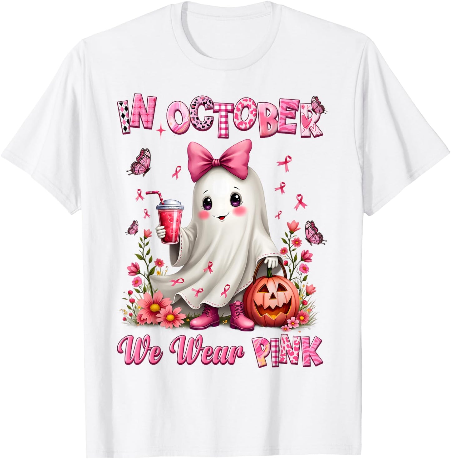 In October We Wear Pink Ghost Breast Cancer Awareness T-Shirt - T-Shirt | White