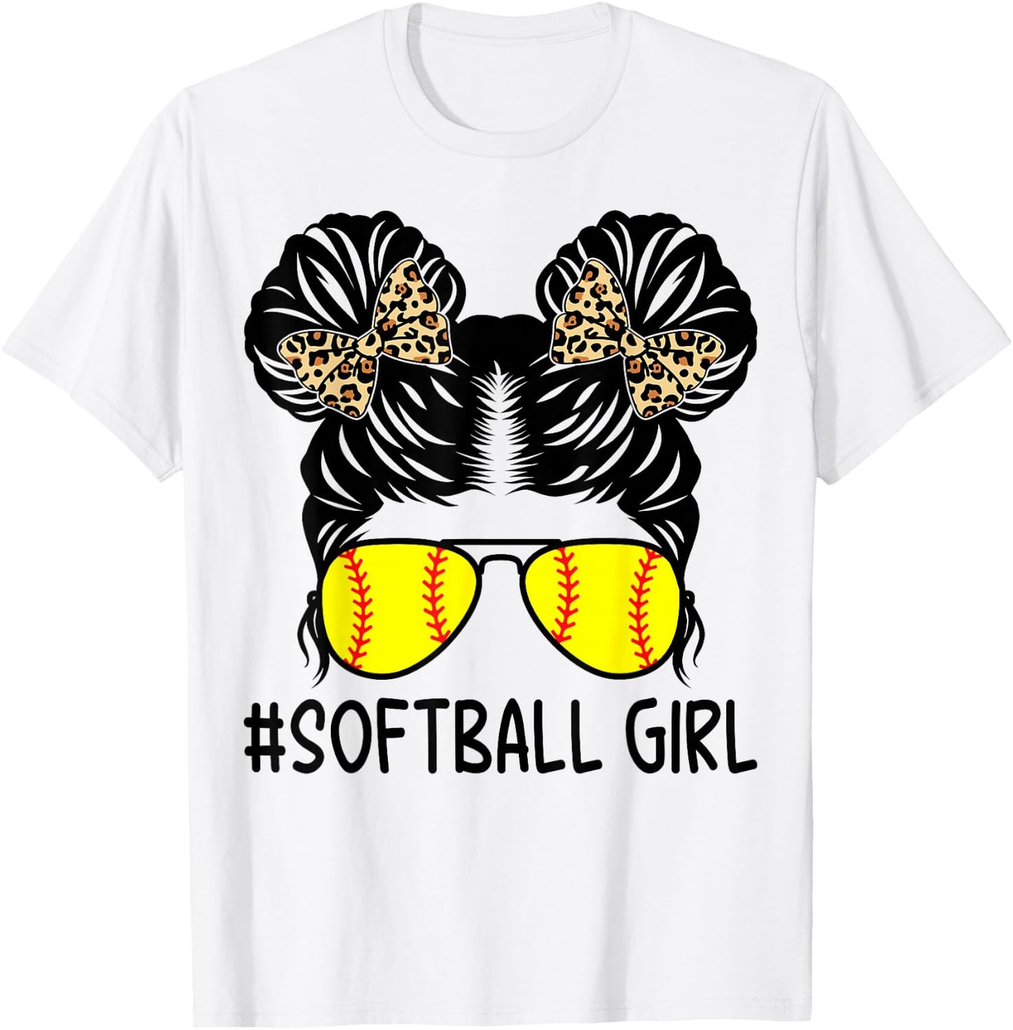 Softball Girl Leopard Messy Bun Softball Girls T-Shirt - T-Shirt | White