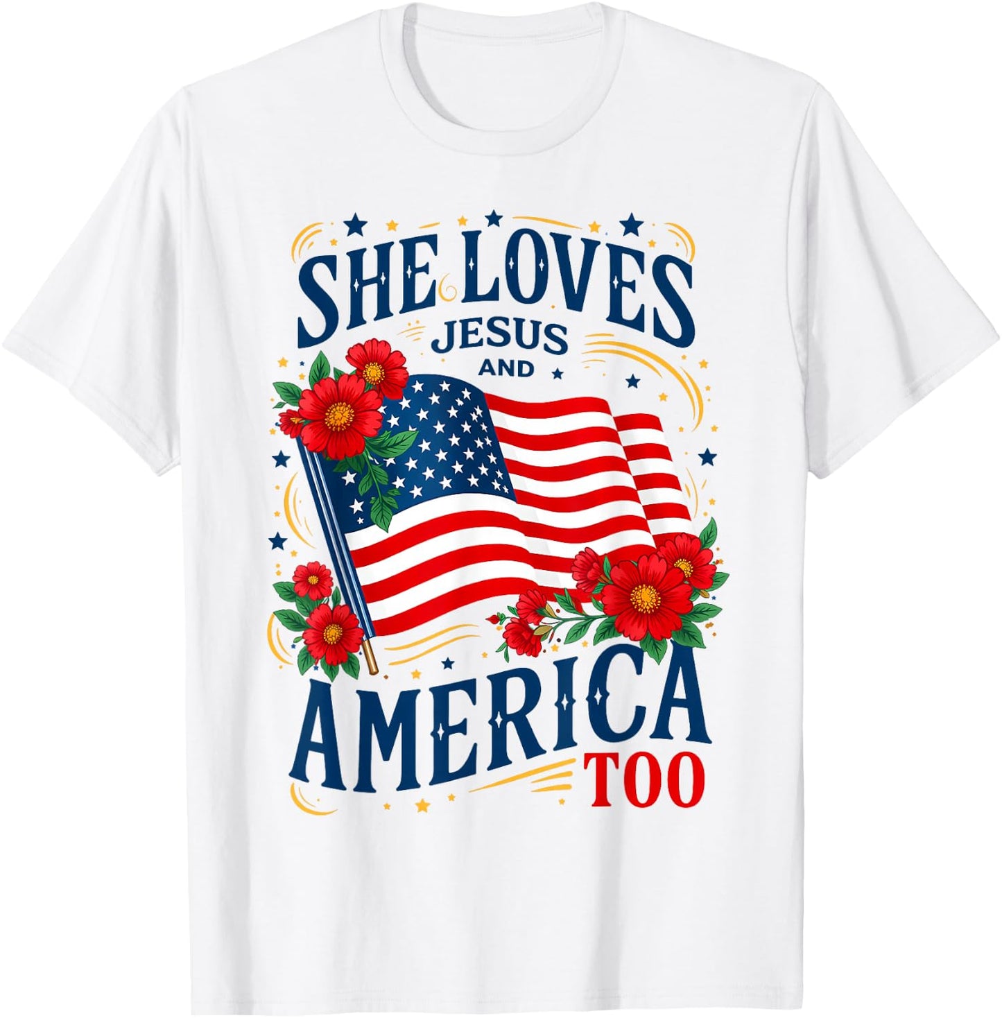 Retro US Flag She Loves Jesus and America Too Floral Women T-Shirt - T-Shirt | White