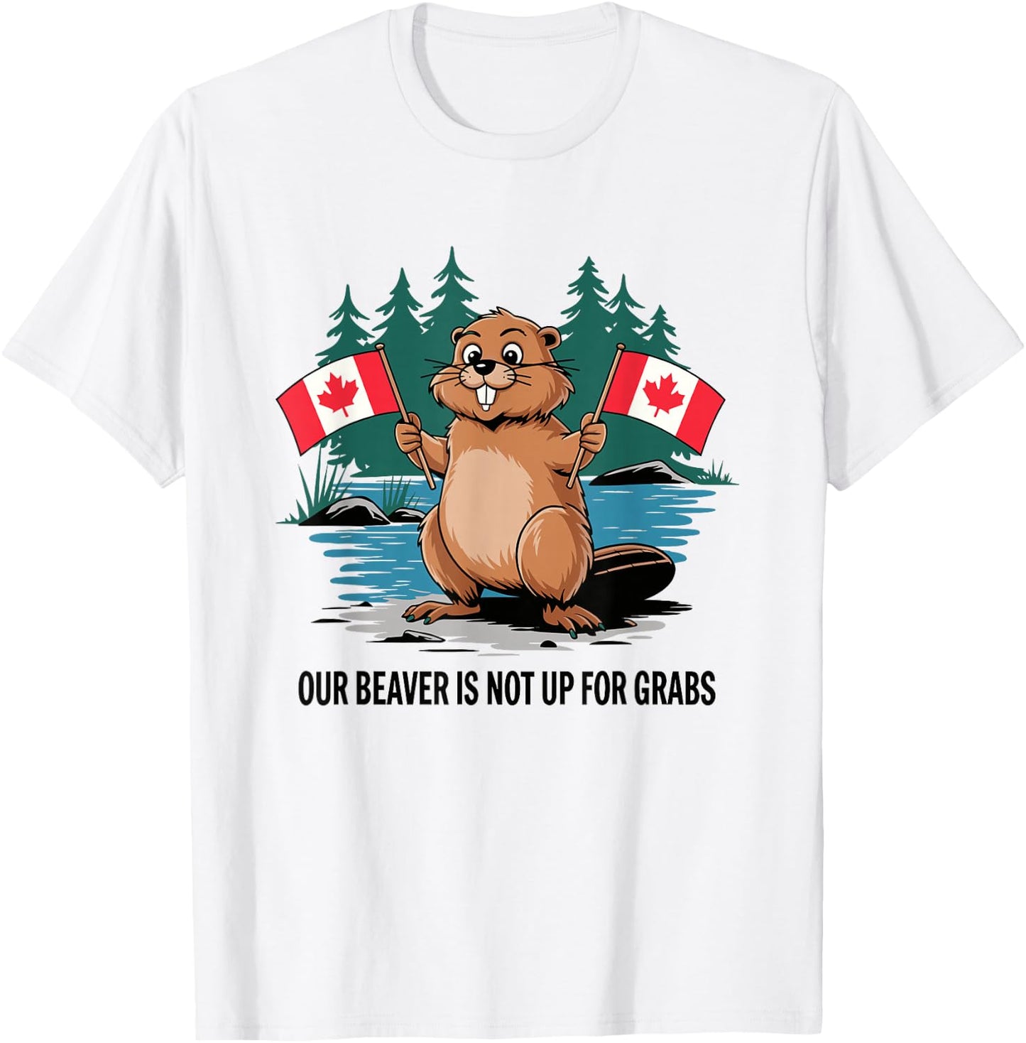 Funny Canadian Beaver Holding Flags Canada Pride T-Shirt - T-Shirt | White