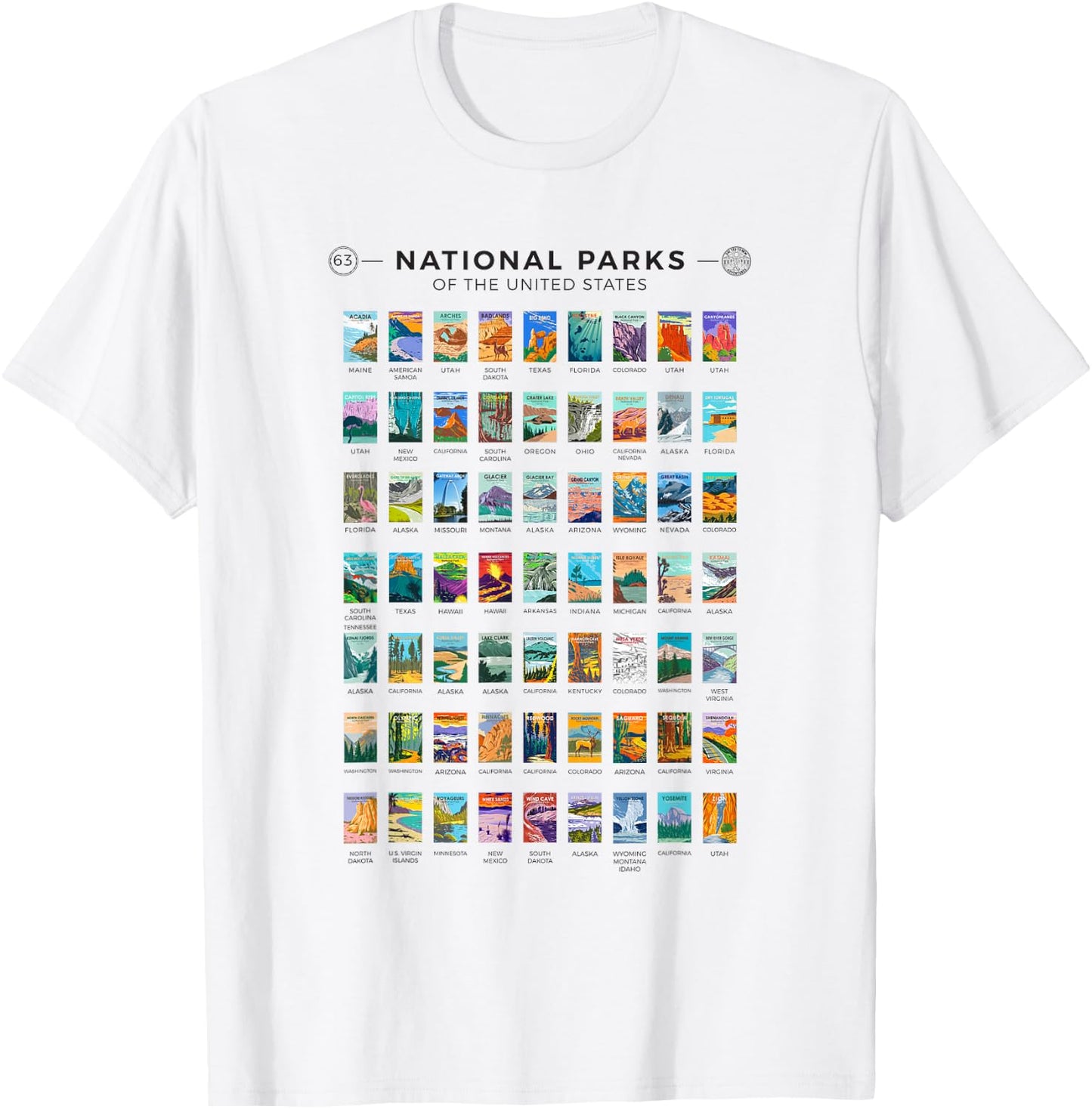 All 63 National Parks Of The United States Vintage Art List T-Shirt - T-Shirt | White