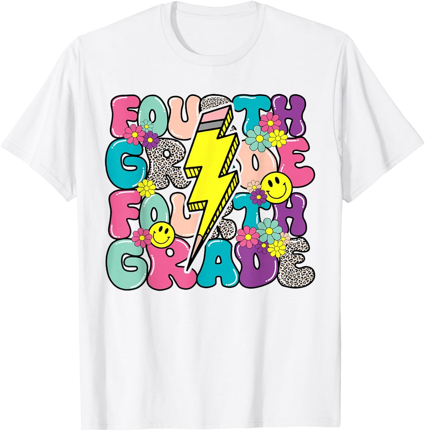 4th Grade Lightning Bolt Pencil Retro Teacher Boys Girls T-Shirt - T-Shirt | White