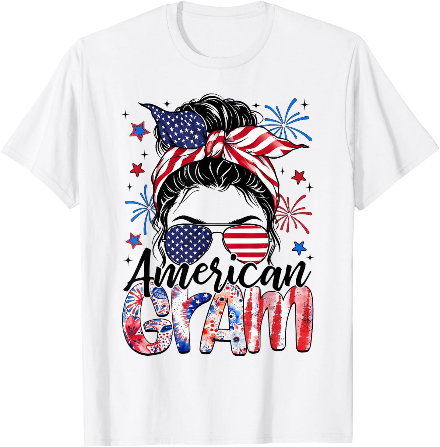 Gram 4th Of July American Flag Patriotic Messy Bun T-Shirt - T-Shirt | White