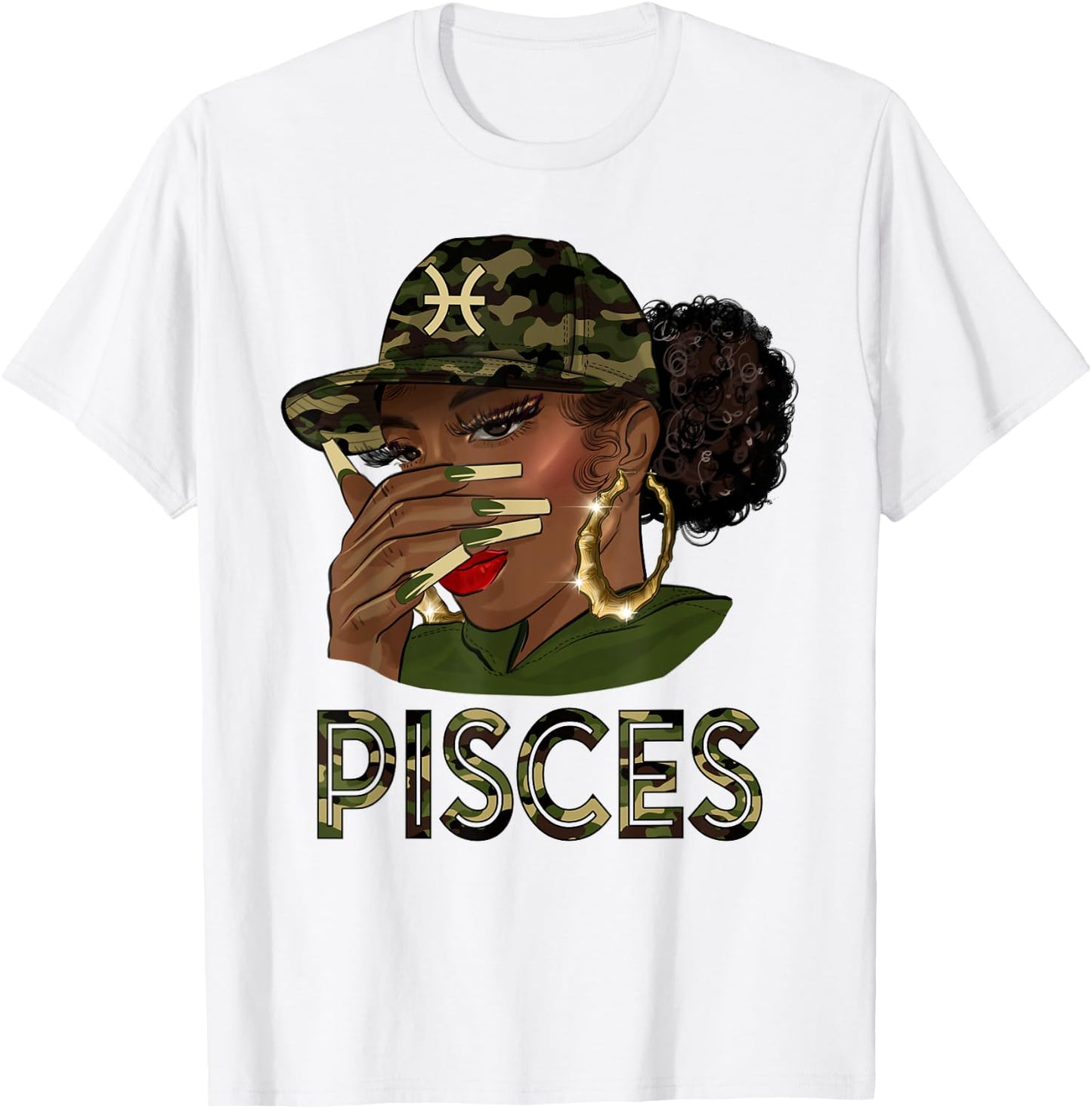 Pisces Queen Black Girl With Cap Camo Afro Woman Zodiac T-Shirt - T-Shirt | White