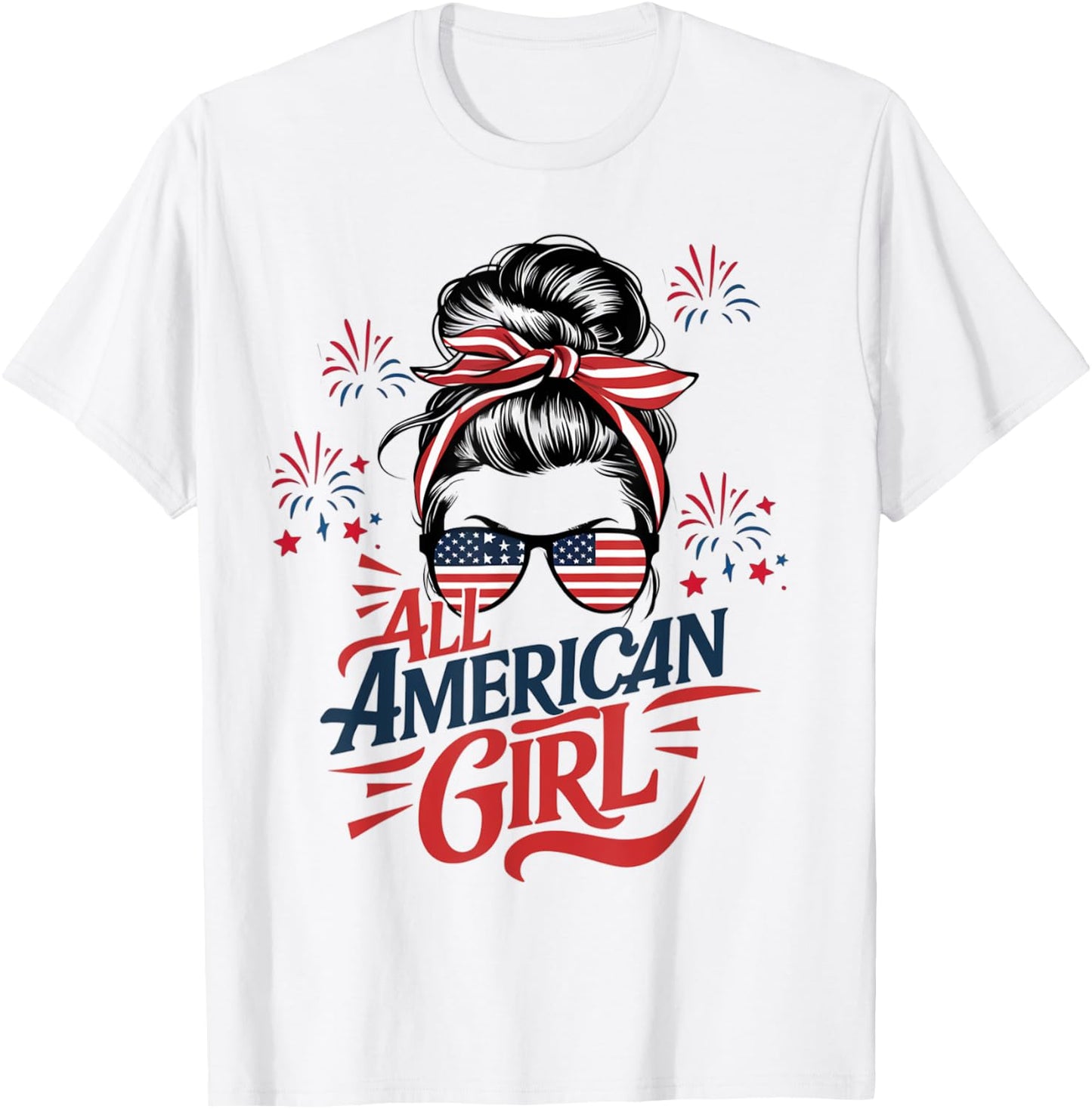 4th of July USA Flag Messy Bun Patriotic All American Girl T-Shirt - T-Shirt | White