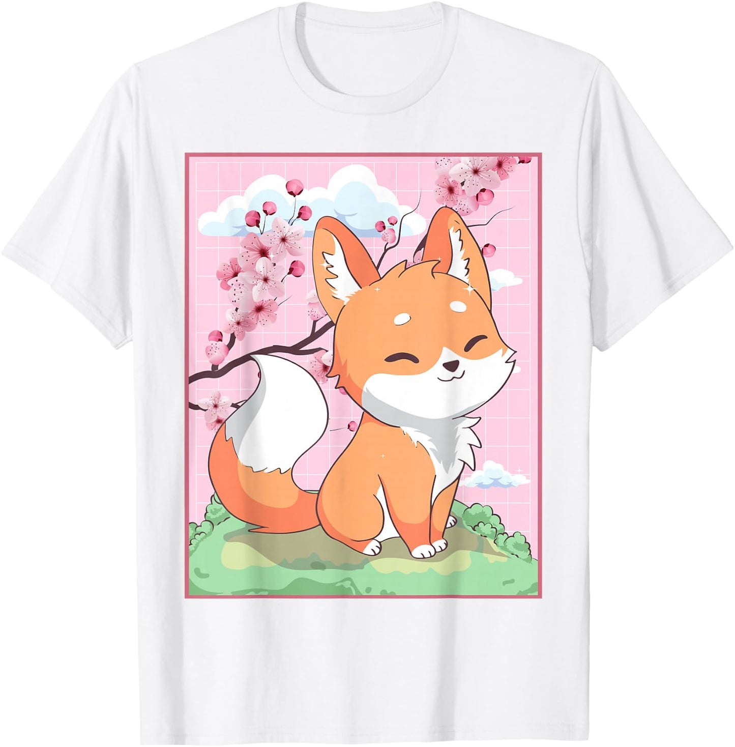 Kawaii Fox Japanese Kitsune Sakura Cherry Blossom T-Shirt - T-Shirt | White