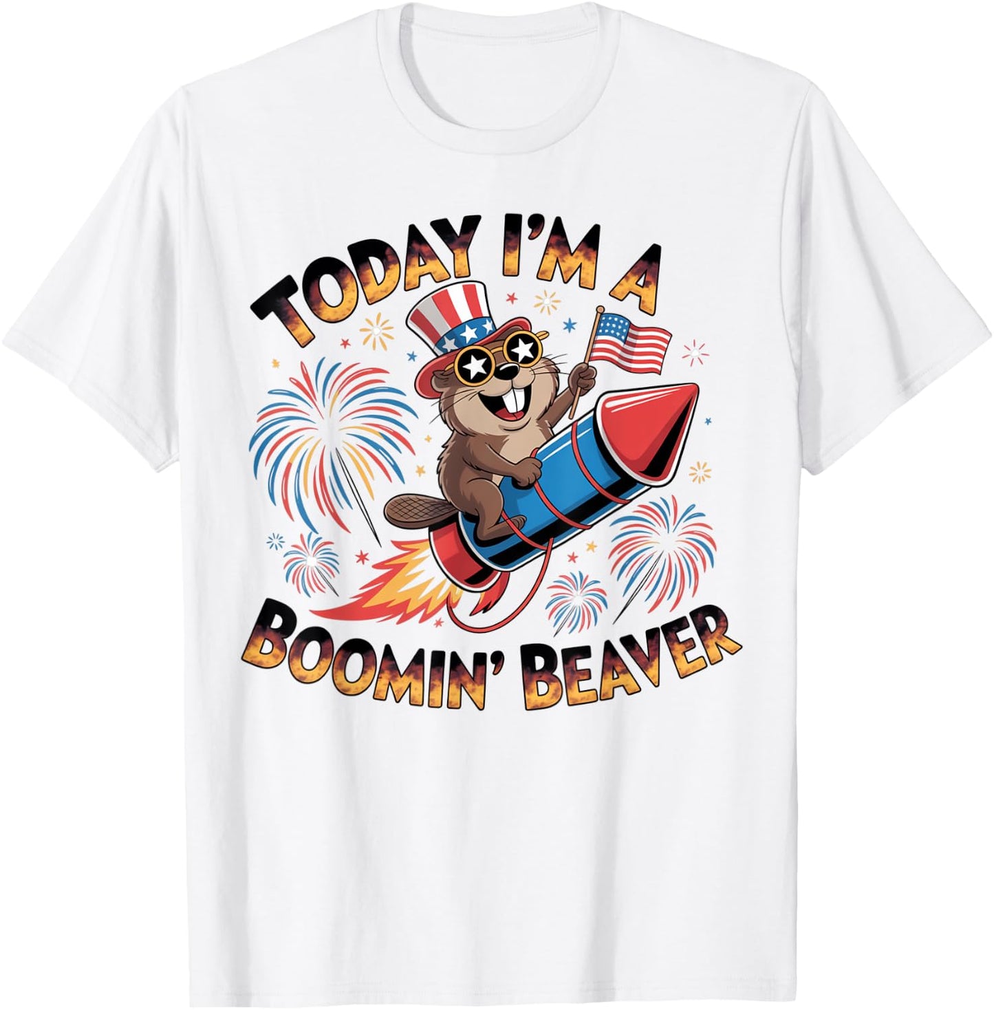 Funny 4th of July Boomin' Beaver Fireworks Patriotic USA T-Shirt - T-Shirt | White