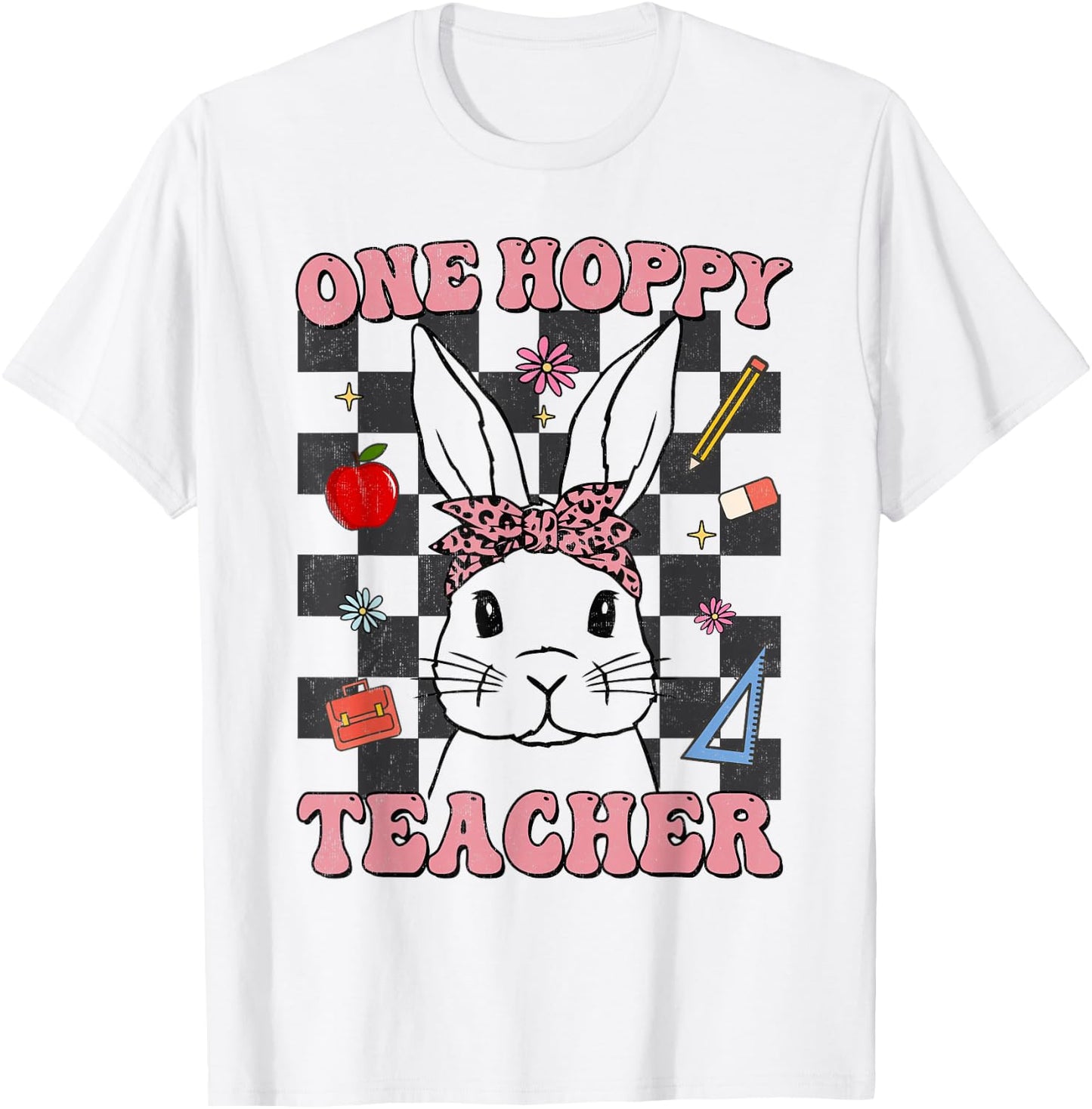 Retro Groovy One Hoppy Teacher Bunny Easter Day Teaching T-Shirt - T-Shirt | White